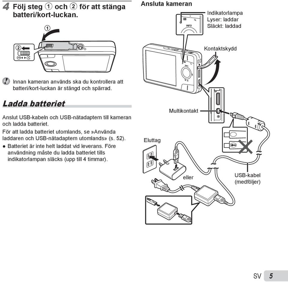 stängd och spärrad. Ladda batteriet Anslut USB-kabeln och USB-nätadaptern till kameran och ladda batteriet.