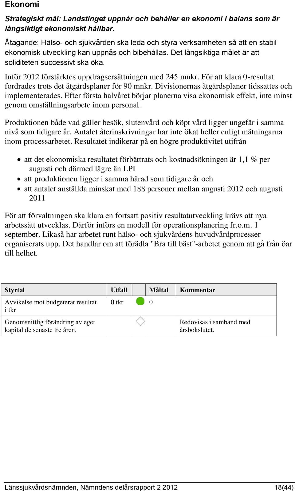 Inför 2012 förstärktes uppdragsersättningen med 245 mnkr. För att klara 0-resultat fordrades trots det åtgärdsplaner för 90 mnkr. Divisionernas åtgärdsplaner tidssattes och implementerades.