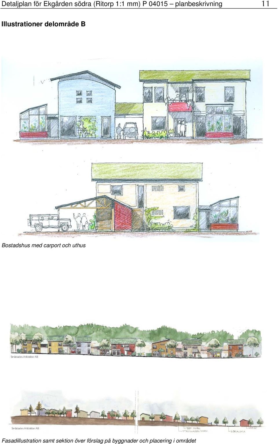 Bostadshus med carport och uthus Fasadillustration