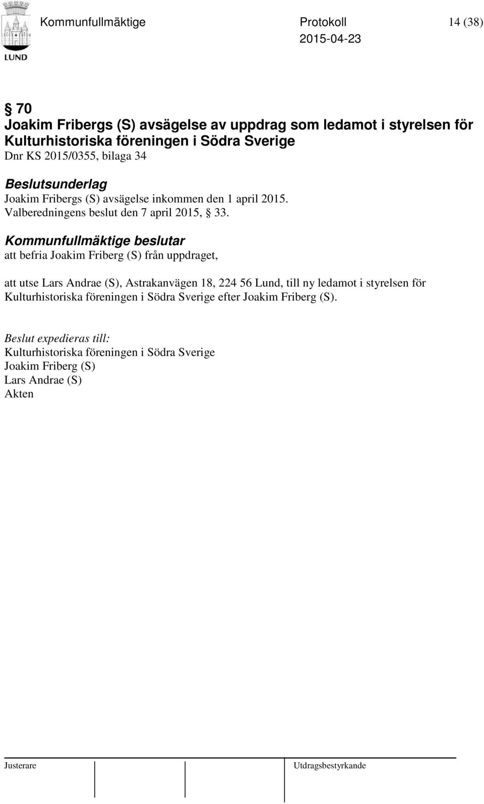 Valberedningens beslut den 7 april 2015, 33.