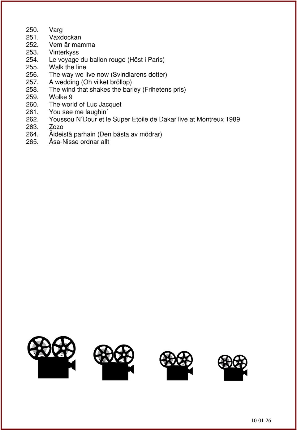 The wind that shakes the barley (Frihetens pris) 259. Wolke 9 260. The world of Luc Jacquet 261.