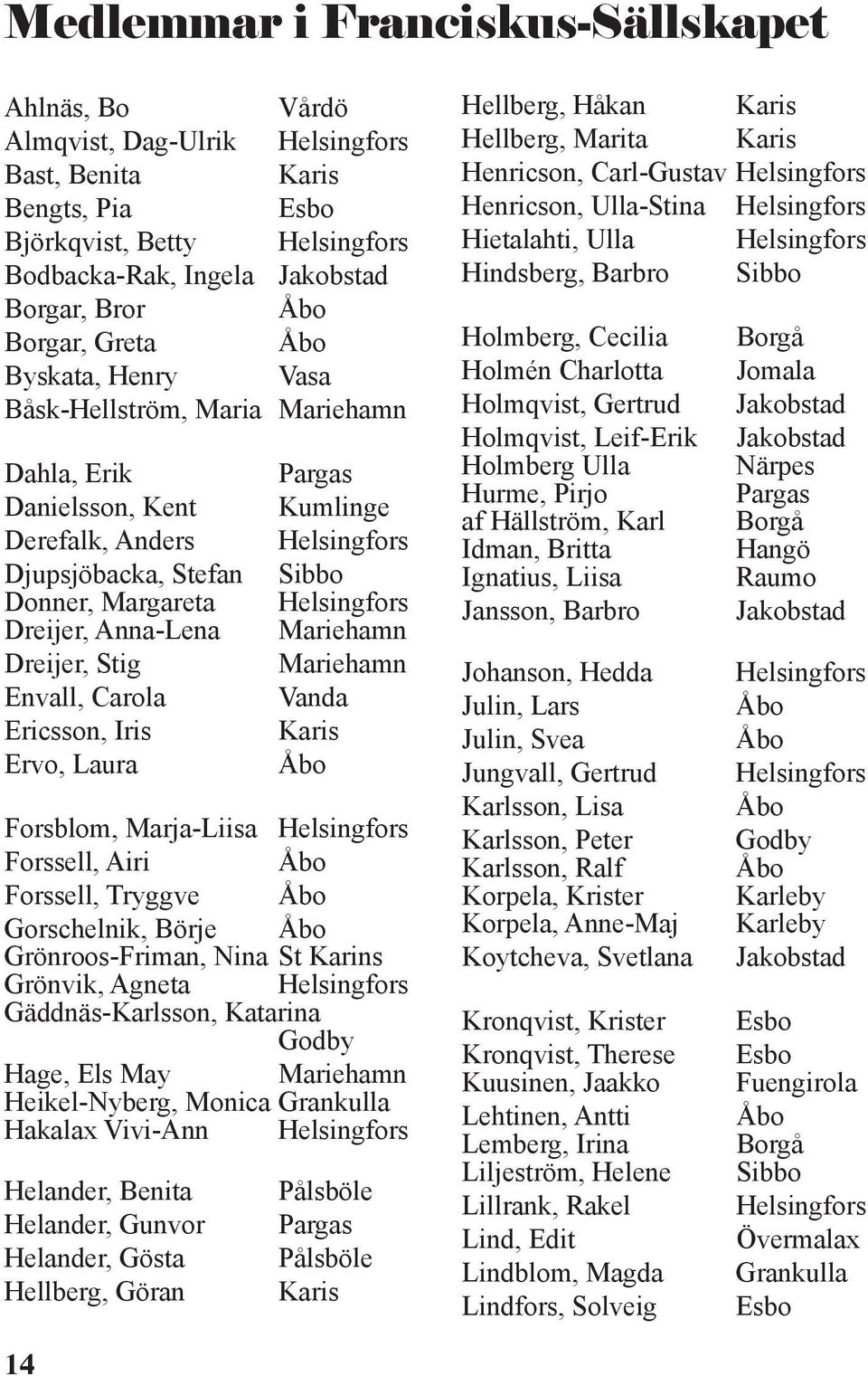 Carola Ericsson, Iris Ervo, Laura Pargas Kumlinge Helsingfors Sibbo Helsingfors Mariehamn Mariehamn Vanda Karis Åbo Forsblom, Marja-Liisa Helsingfors Forssell, Airi Åbo Forssell, Tryggve Åbo