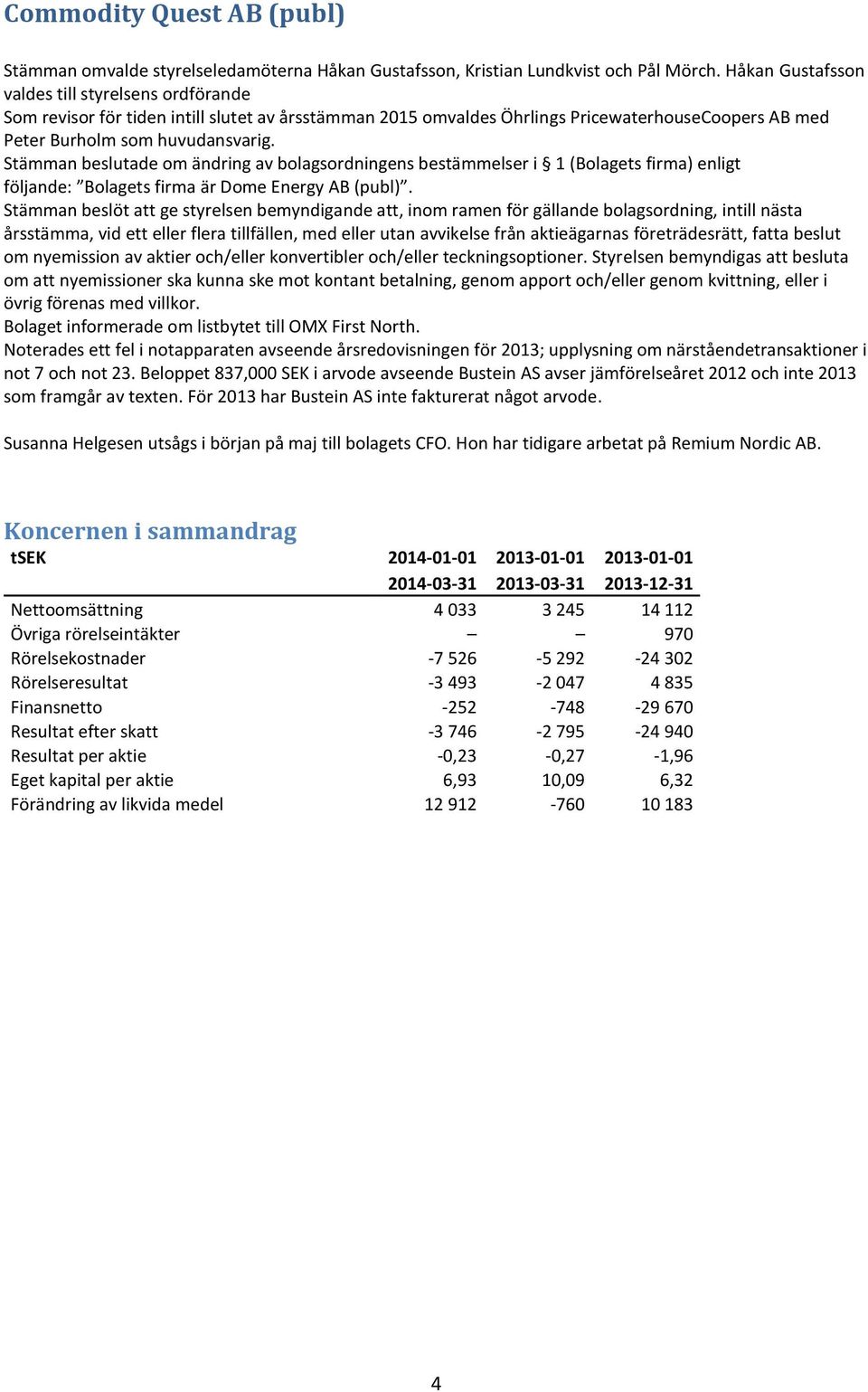 Stämman beslutade om ändring av bolagsordningens bestämmelser i 1 (Bolagets firma) enligt följande: Bolagets firma är Dome Energy AB (publ).