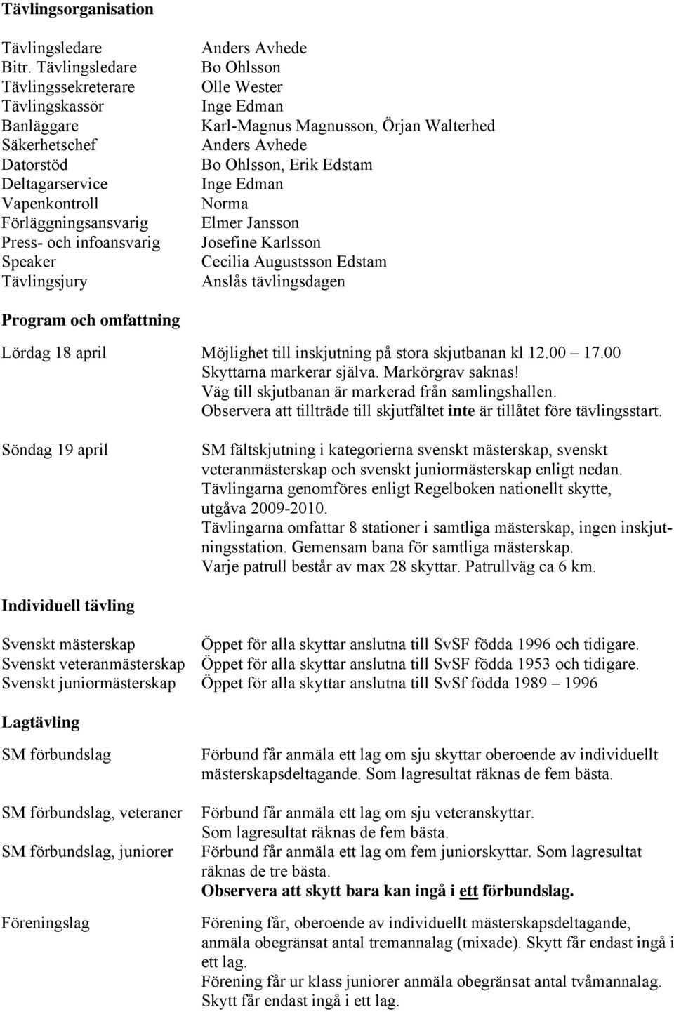 Ohlsson Olle Wester Inge Edman Karl-Magnus Magnusson, Örjan Walterhed Anders Avhede Bo Ohlsson, Erik Edstam Inge Edman Norma Elmer Jansson Josefine Karlsson Cecilia Augustsson Edstam Anslås