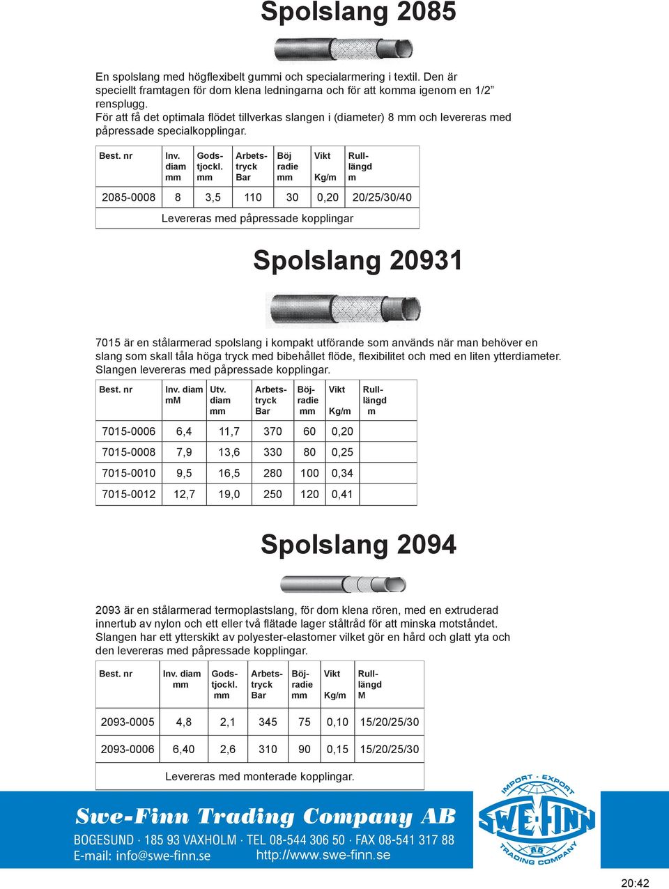 dia Kg/ 2085-0008 8 3,5 110 30 0,20 20/25/30/40 Levereras ed påpressade kopplingar Spolslang 20931 7015 är en stålarerad spolslang i kopakt utförande so används när an behöver en slang so skall tåla
