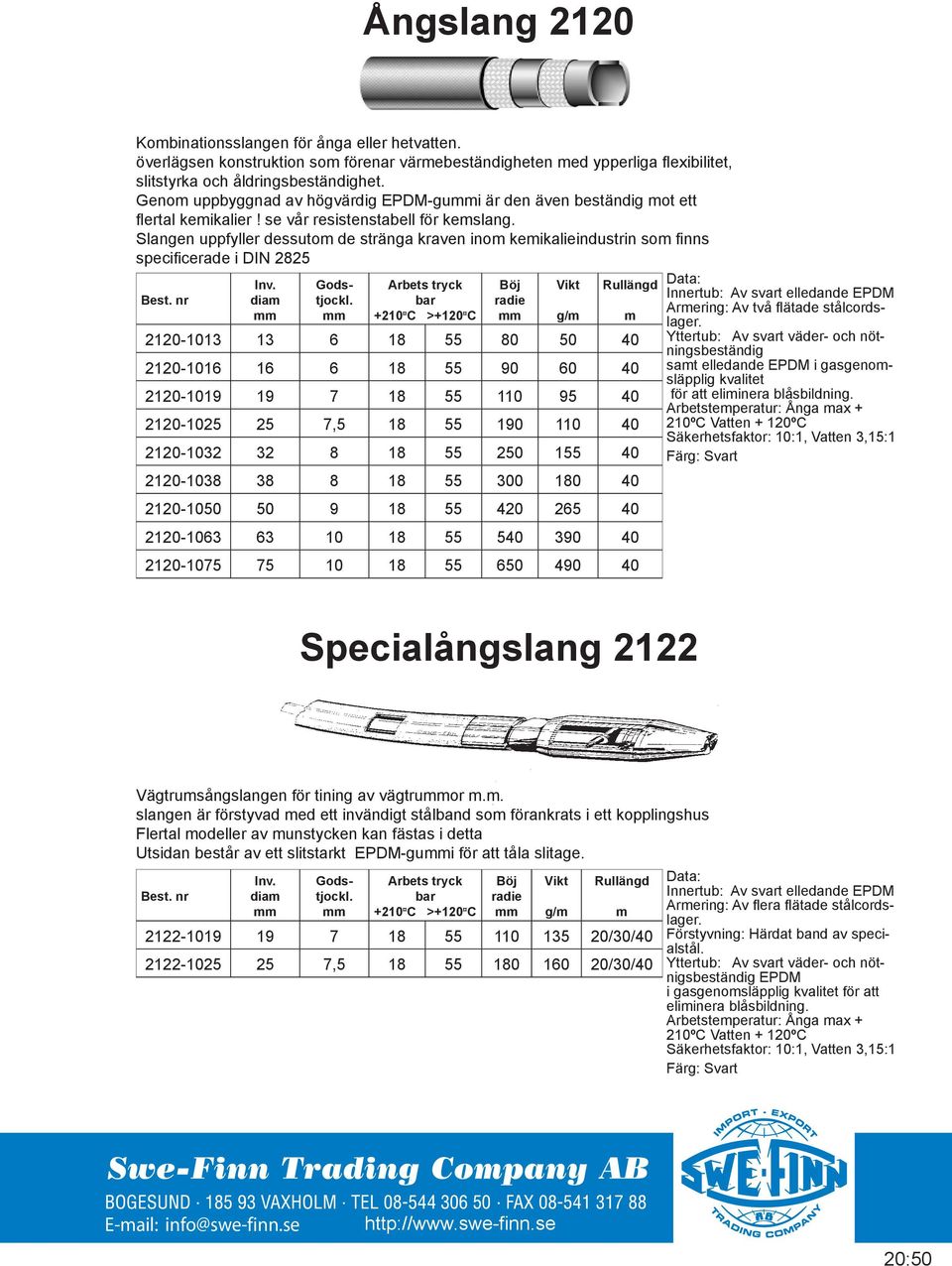 Slangen uppfyller dessuto de stränga kraven ino keikalieindustrin so finns specificerade i DIN 2825 dia +210 C >+120 C g/ 2120-1013 13 6 18 55 80 50 40 2120-1016 16 6 18 55 90 60 40 2120-1019 19 7 18