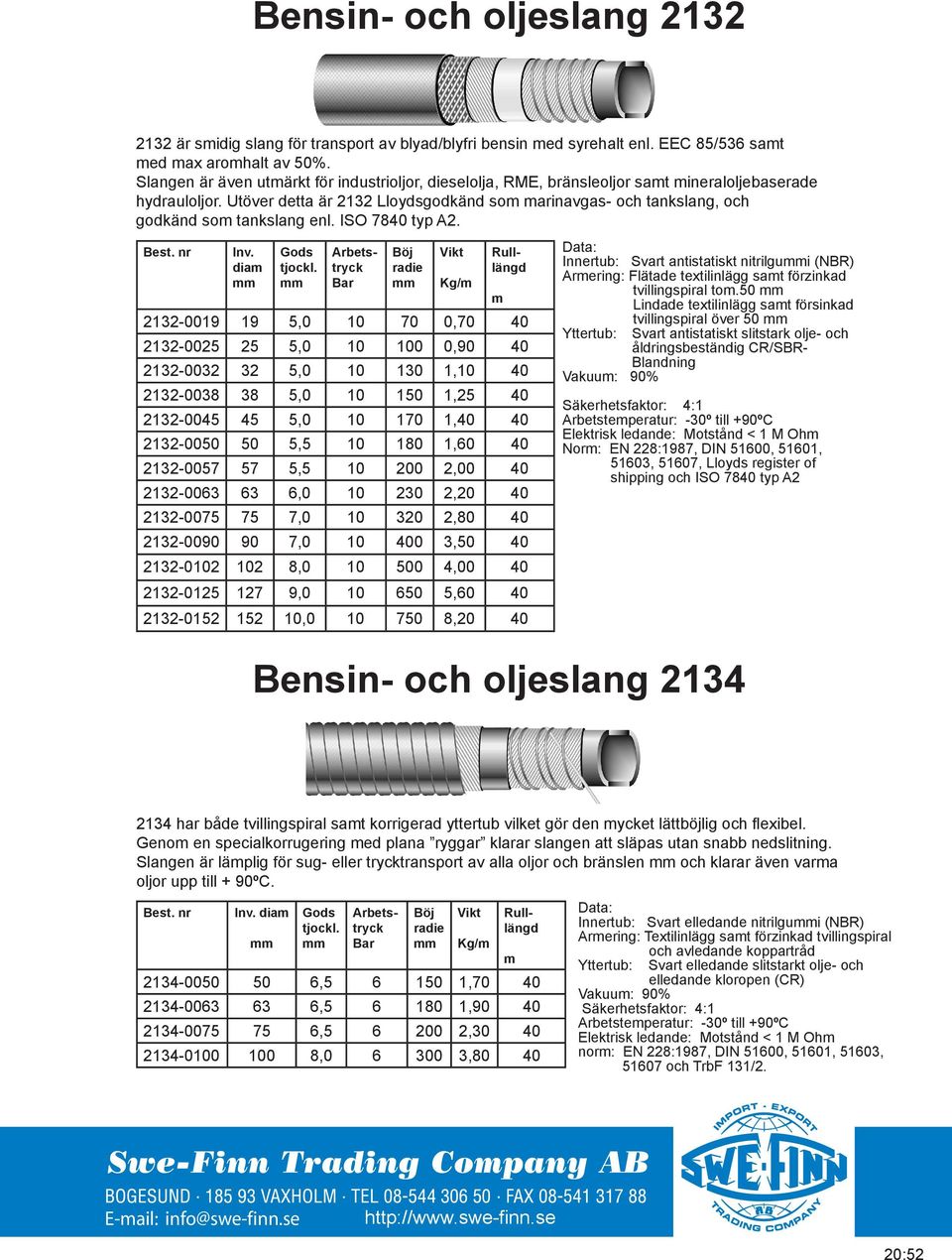 Utöver detta är 2132 Lloydsgodkänd so arinavgas- och tankslang, och godkänd so tankslang enl. ISO 7840 typ A2. dia Gods tjockl.
