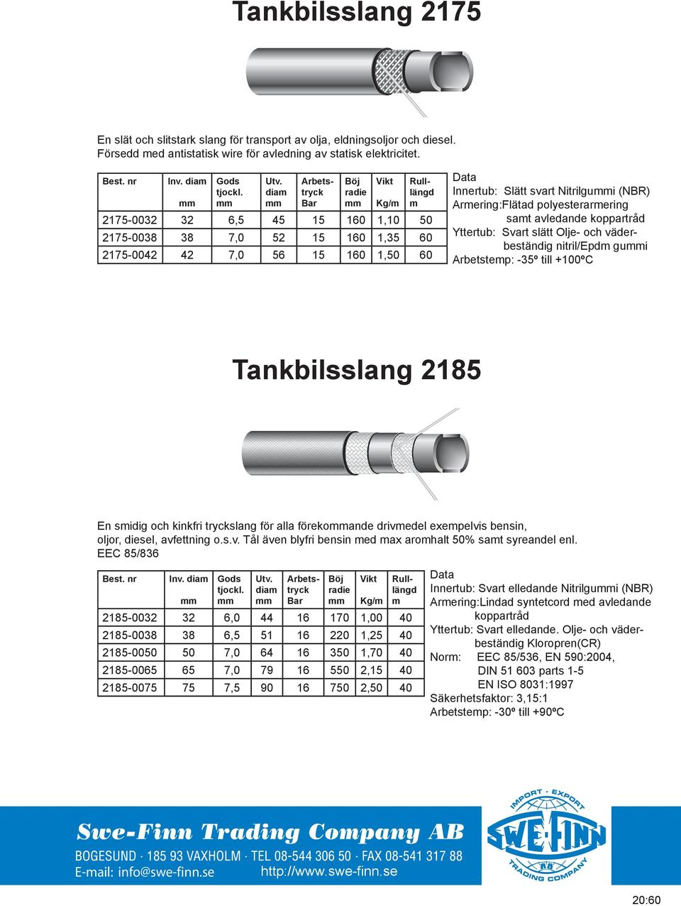 avledande koppartråd Yttertub: Svart slätt Olje- och väderbeständig nitril/epd gui tep: -35º till +100ºC Tankbilsslang 2185 En sidig och kinkfri slang för alla förekoande drivedel exepelvis bensin,