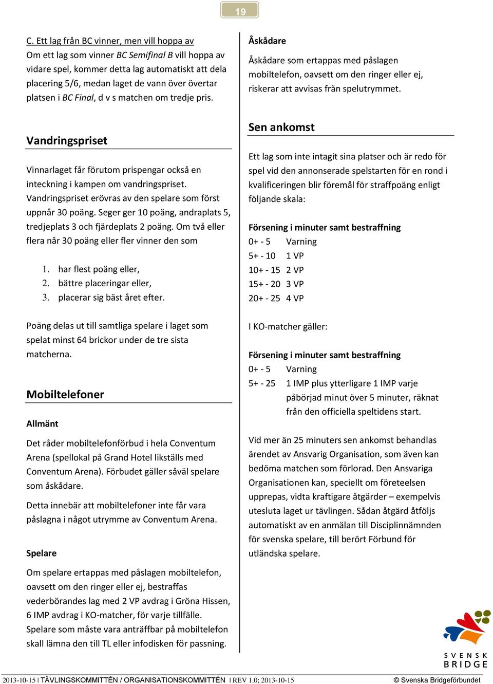 Vandringspriset Vinnarlaget får förutom prispengar också en inteckning i kampen om vandringspriset. Vandringspriset erövras av den spelare som först uppnår 30 poäng.