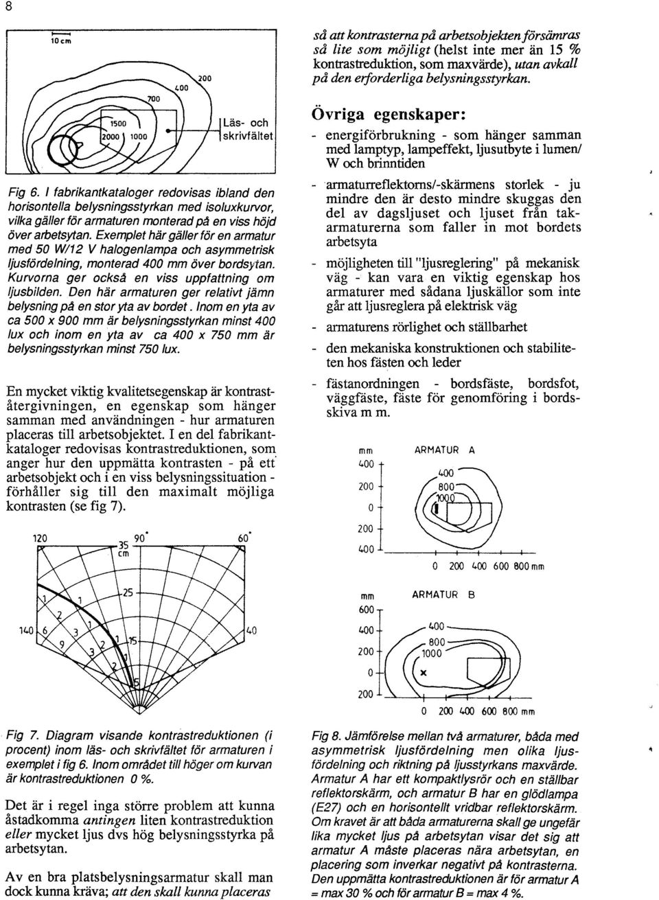 Exemplet här gäller för en armatur med 50 W/12 V halogenlampa och asymmetrisk ljusfördelning, monterad 400 mm över bordsytan. Kurvorna ger också en viss uppfattning om ljusbilden.