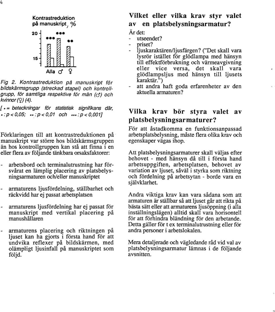 [ * = beteckningar för statistisk signifikans där, *: p<o,05; **: p<o,01 och ***: p<o,oo1j Förklaringen till att kontrastreduktionen på manuskript var större hos bildskärmsgruppen än hos