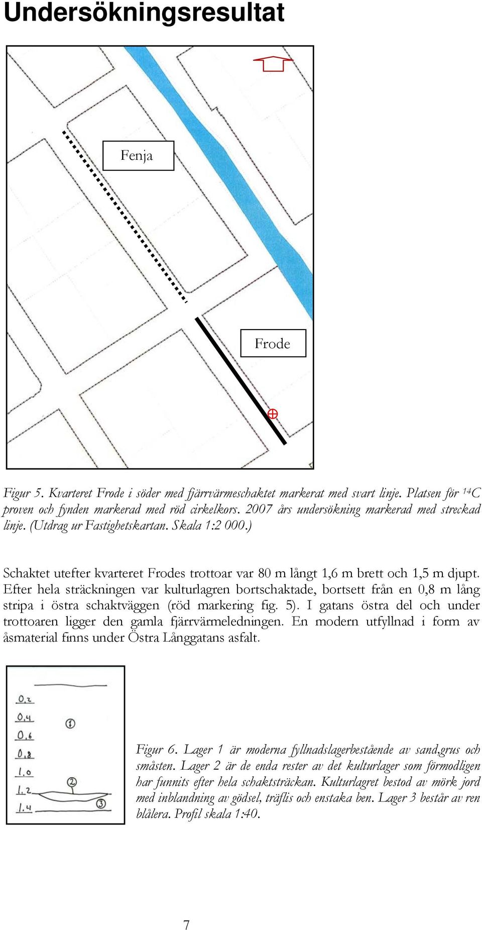 Efter hela sträckningen var kulturlagren bortschaktade, bortsett från en 0,8 m lång stripa i östra schaktväggen (röd markering fig. 5).
