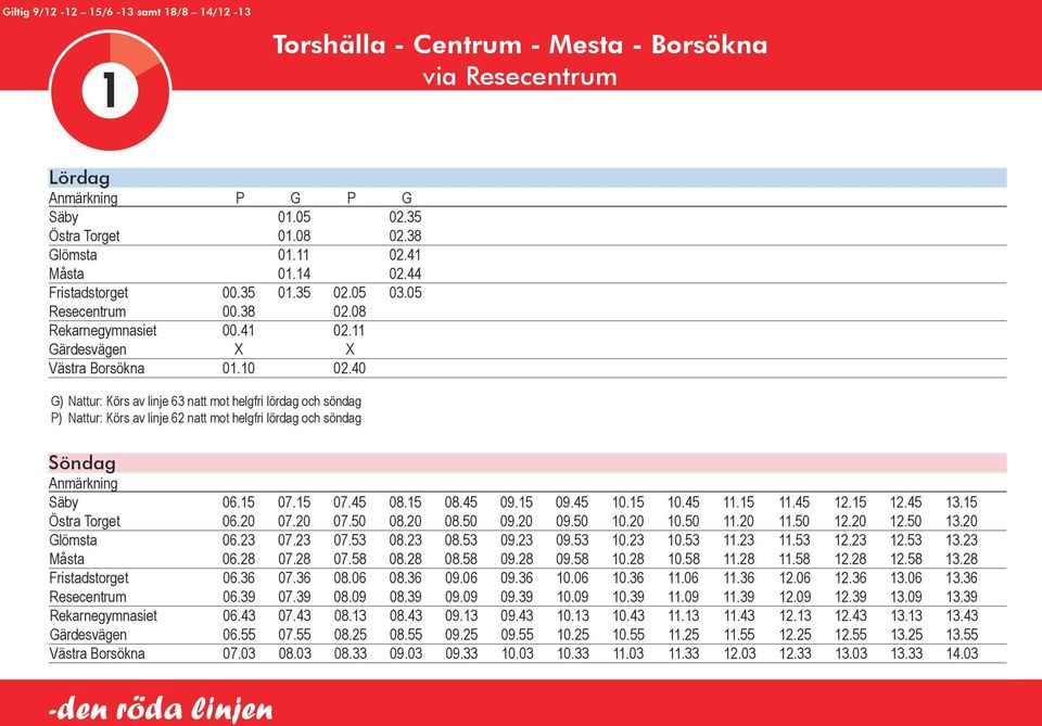 40 G) Nattur: Körs av linje 63 natt mot helgfri lördag och söndag P) Nattur: Körs av linje 62 natt mot helgfri lördag och söndag Söndag Säby 06.15 07.15 07.45 08.15 08.45 09.15 09.45 10.15 10.45 11.