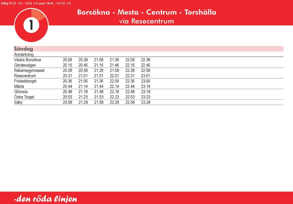 31 23.01 Fristadstorget 20.36 21.06 21.36 22.06 22.36 23.06 Måsta 20.44 21.14 21.44 22.14 22.44 23.14 Glömsta 20.48 21.