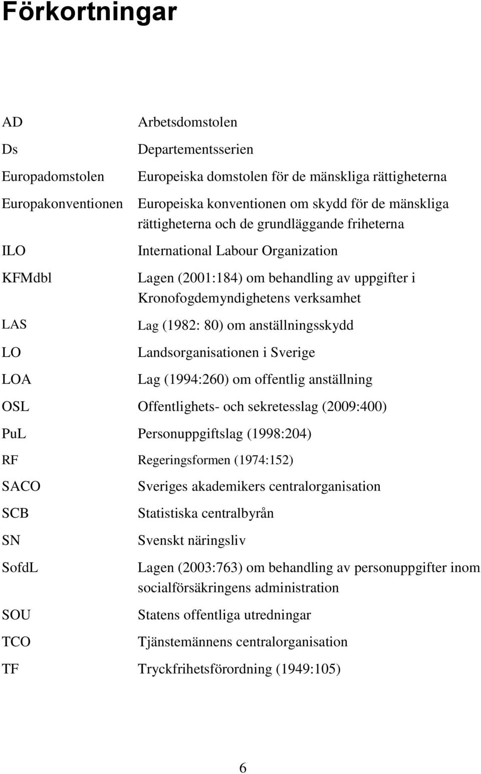 anställningsskydd Landsorganisationen i Sverige Lag (1994:260) om offentlig anställning OSL Offentlighets- och sekretesslag (2009:400) PuL Personuppgiftslag (1998:204) RF Regeringsformen (1974:152)