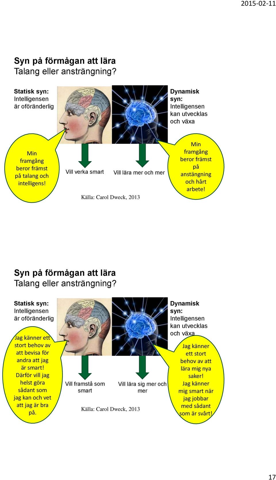 Statisk syn: Intelligensen är oföränderlig Jag känner ett stort behov av att bevisa för andra att jag är smart! Därför vill jag helst göra sådant som jag kan och vet att jag är bra på.