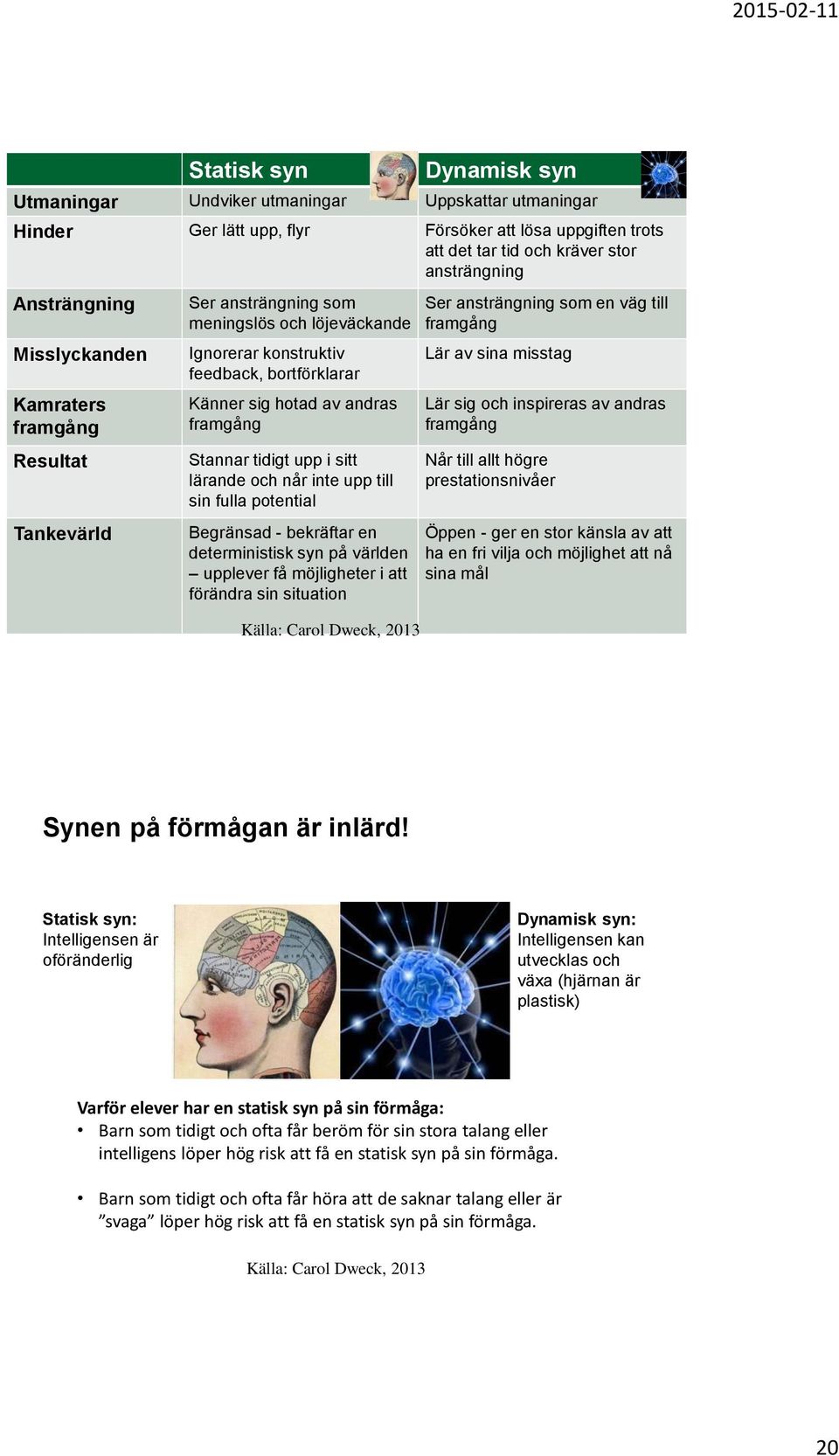 upp i sitt lärande och når inte upp till sin fulla potential Begränsad - bekräftar en deterministisk syn på världen upplever få möjligheter i att förändra sin situation Ser ansträngning som en väg