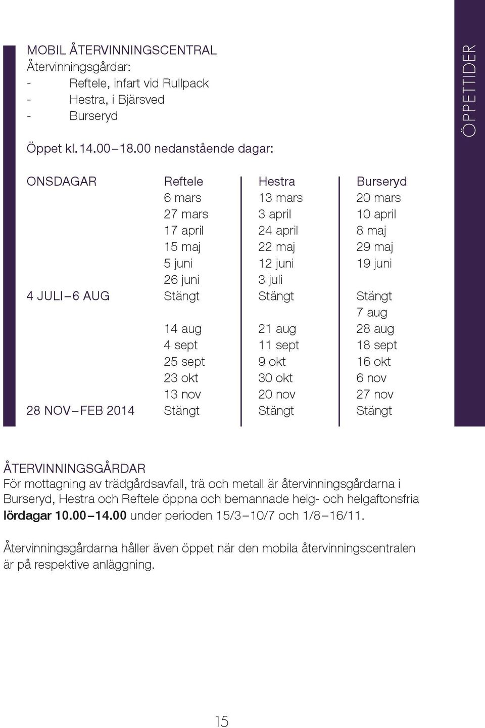 JULI 6 AUG Stängt Stängt Stängt 7 aug 14 aug 21 aug 28 aug 4 sept 11 sept 18 sept 25 sept 9 okt 16 okt 23 okt 30 okt 6 nov 13 nov 20 nov 27 nov 28 NOV FEB 2014 Stängt Stängt Stängt ÅTERVINNINGSGÅRDAR