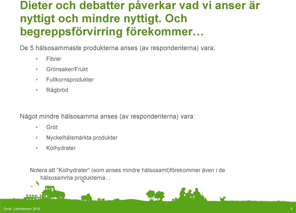 Grönsaker/Frukt Fullkornsprodukter Rågbröd Något mindre hälsosamma anses (av respondenterna) vara: Gröt