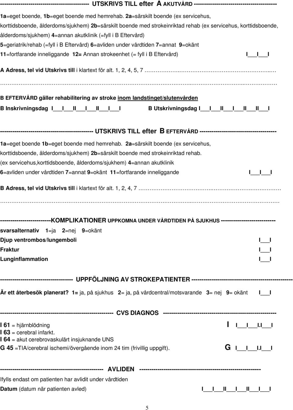 Eftervård) 5=geriatrik/rehab (=fyll i B Eftervård) 6=avliden under vårdtiden 7=annat 9=okänt 11=fortfarande inneliggande 12= Annan strokeenhet (= fyll i B Eftervård) I A Adress, tel vid Utskrivs till