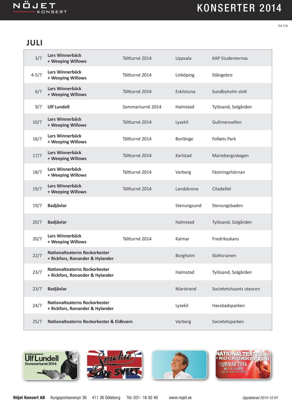 2014 Varberg Fästningshörnan Tältturné 2014 Landskrona Citadellet 19/7 Badjävlar Stenungsund Stenungsbaden 20/7 Badjävlar Halmstad Tylösand, Solgården 20/7 Tältturné 2014 Kalmar