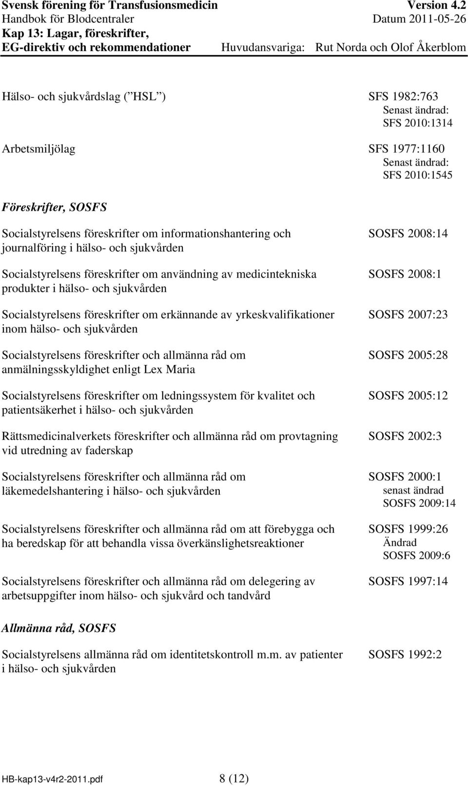 och sjukvården Socialstyrelsens föreskrifter och allmänna råd om anmälningsskyldighet enligt Lex Maria Socialstyrelsens föreskrifter om ledningssystem för kvalitet och patientsäkerhet i hälso- och