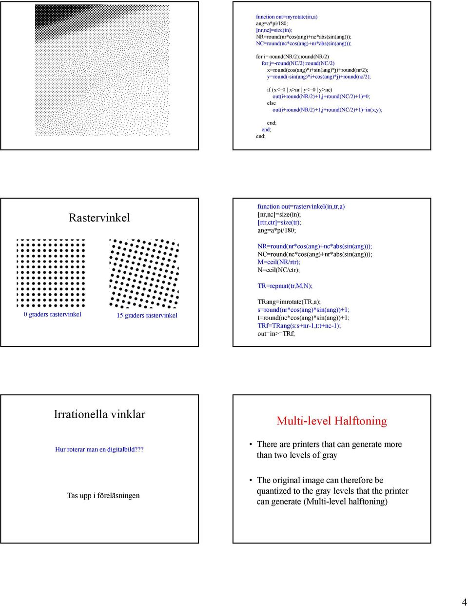 out(i+round(nr/2)+1,j+round(nc/2)+1)=in(x,y); end; end; end; Rastervinkel function out=rastervinkel(in,tr,a) [nr,nc]=size(in); [rtr,ctr]=size(tr); ang=a*pi/180;