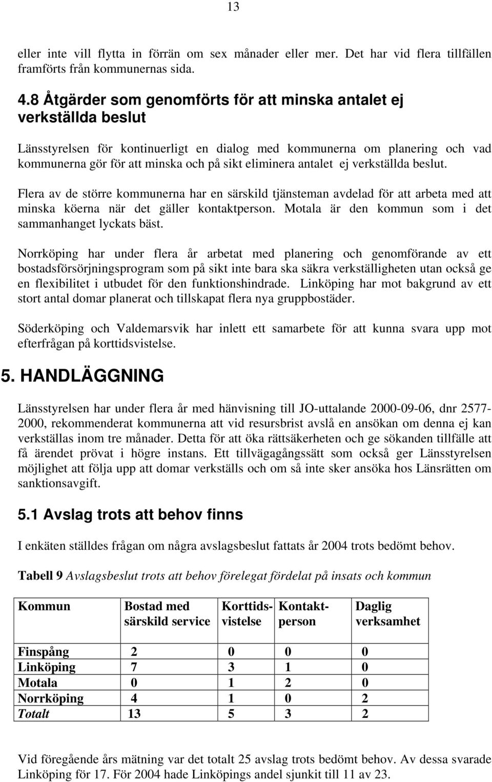 eliminera antalet ej verkställda beslut. Flera av de större kommunerna har en särskild tjänsteman avdelad för att arbeta med att minska köerna när det gäller kontaktperson.