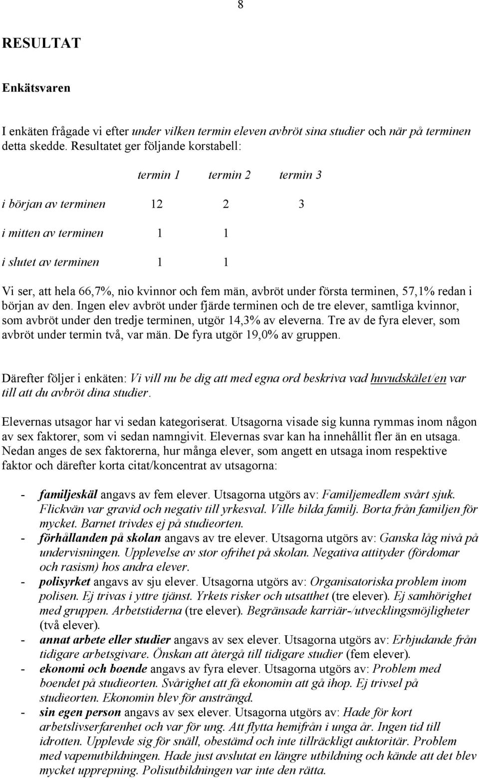 under första terminen, 57,1% redan i början av den. Ingen elev avbröt under fjärde terminen och de tre elever, samtliga kvinnor, som avbröt under den tredje terminen, utgör 14,3% av eleverna.