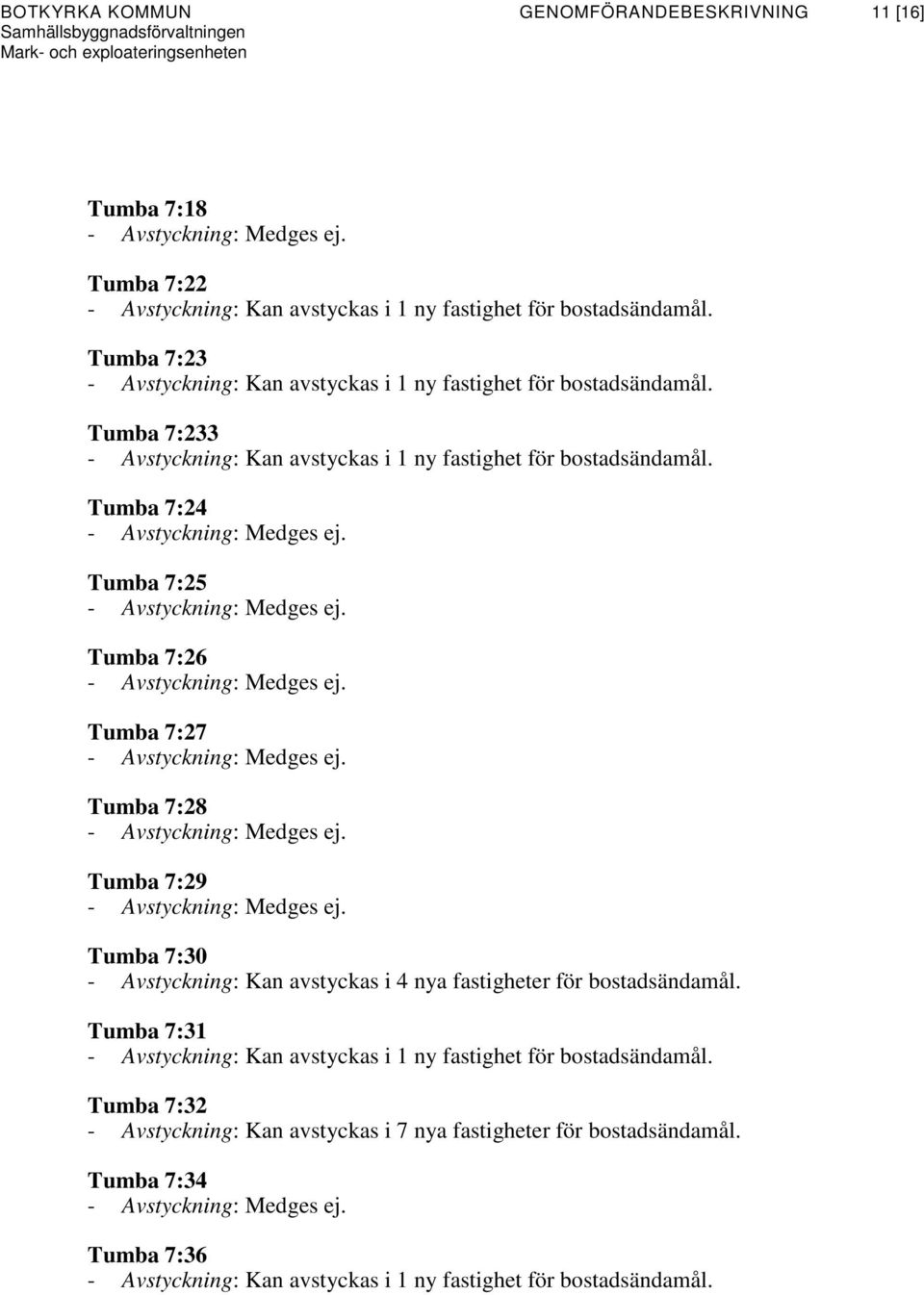 Tumba 7:24 Tumba 7:25 Tumba 7:26 Tumba 7:27 Tumba 7:28 Tumba 7:29 Tumba 7:30 - Avstyckning: Kan avstyckas i 4 nya fastigheter för bostadsändamål.