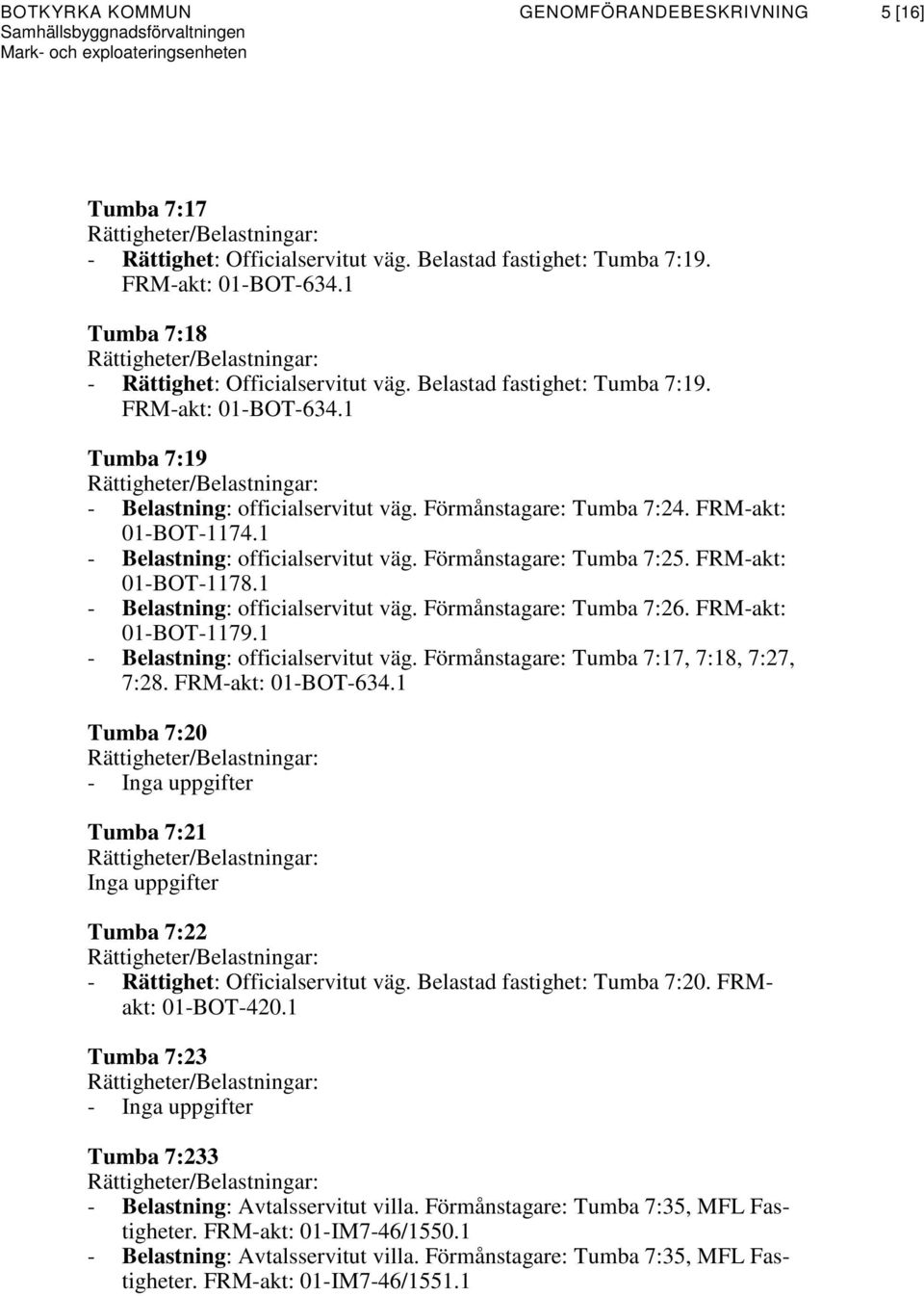 Förmånstagare: Tumba 7:25. FRM-akt: 01-BOT-1178.1 - Belastning: officialservitut väg. Förmånstagare: Tumba 7:26. FRM-akt: 01-BOT-1179.1 - Belastning: officialservitut väg. Förmånstagare: Tumba 7:17, 7:18, 7:27, 7:28.