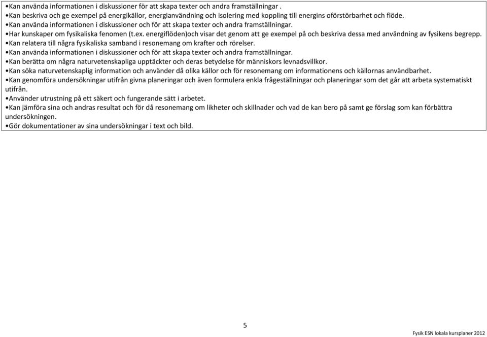 Har kunskaper om fysikaliska fenomen (t.ex. energiflöden)och visar det genom att ge exempel på och beskriva dessa med användning av fysikens begrepp.