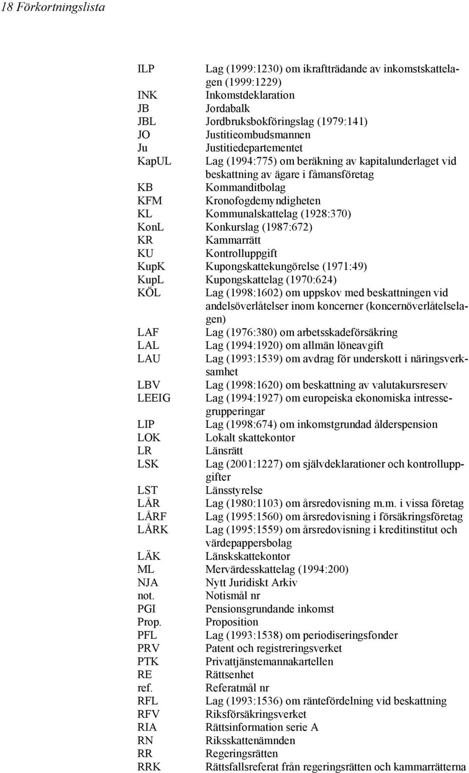 Konkurslag (1987:672) KR Kammarrätt KU Kontrolluppgift KupK Kupongskattekungörelse (1971:49) KupL Kupongskattelag (1970:624) KÖL Lag (1998:1602) om uppskov med beskattningen vid andelsöverlåtelser