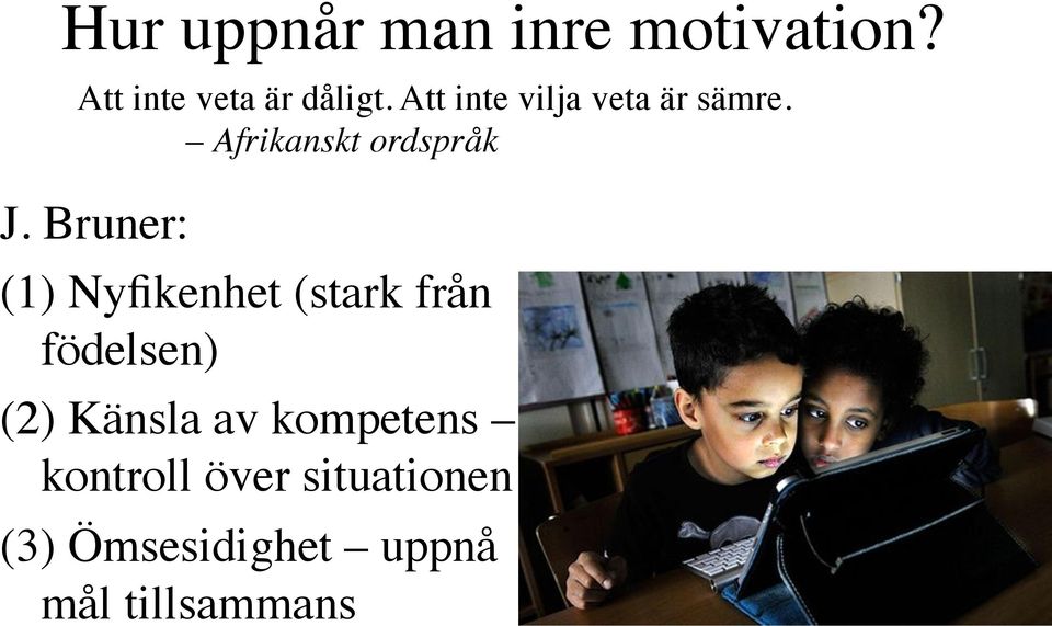 Bruner: (1) Nyfikenhet (stark från födelsen) (2) Känsla av