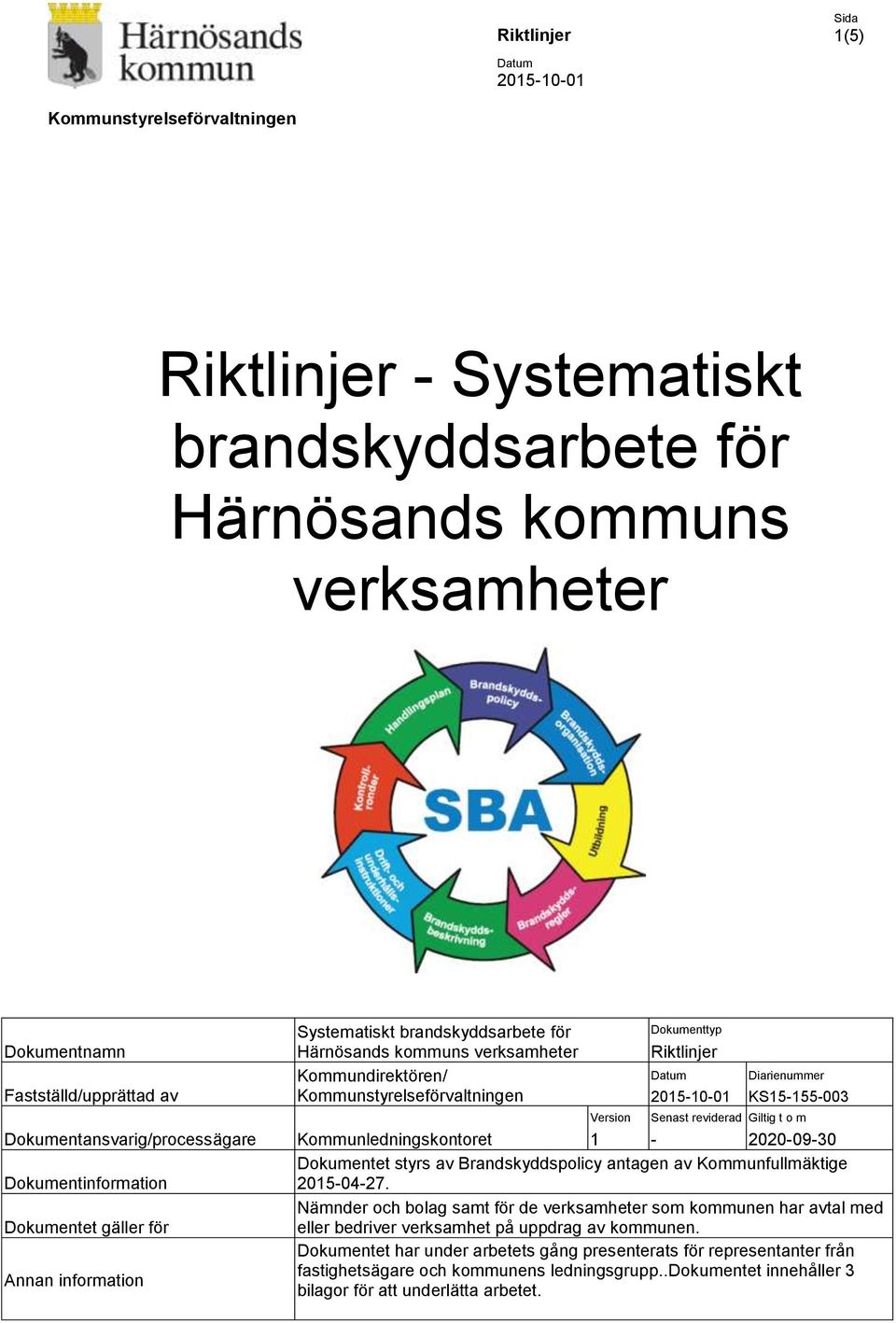 Kommunstyrelseförvaltningen Version Dokumenttyp Riktlinjer Datum 2015-10-01 Diarienummer KS15-155-003 Senast reviderad Giltig t o m Kommunledningskontoret 1-2020-09-30 Dokumentet styrs av