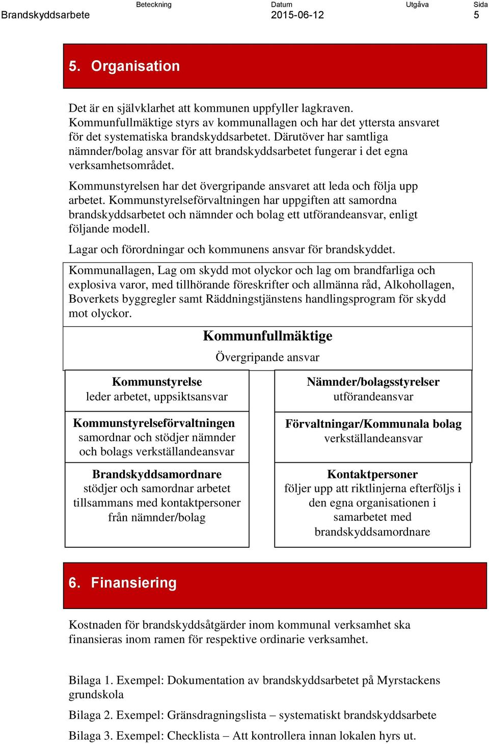 Därutöver har samtliga nämnder/bolag ansvar för att brandskyddsarbetet fungerar i det egna verksamhetsområdet. Kommunstyrelsen har det övergripande ansvaret att leda och följa upp arbetet.