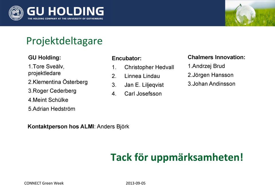 Linnea Lindau 3. Jan E. Liljeqvist 4. Carl Josefsson Chalmers Innovation: 1.