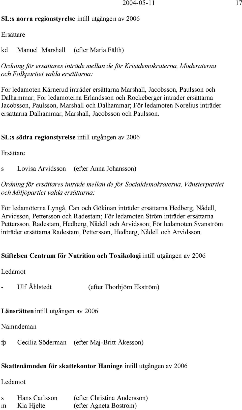 Paulsson, Marshall och Dalhammar; För ledamoten Norelius inträder ersättarna Dalhammar, Marshall, Jacobsson och Paulsson.