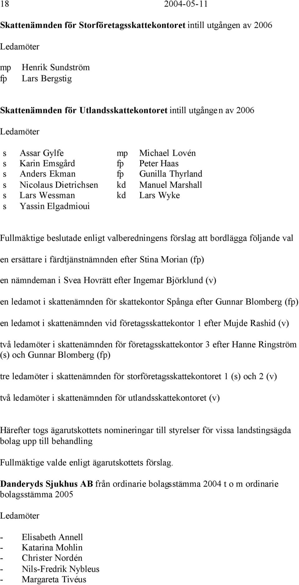 Fullmäktige beslutade enligt valberedningens förslag att bordlägga följande val en ersättare i färdtjänstnämnden efter Stina Morian (fp) en nämndeman i Svea Hovrätt efter Ingemar Björklund (v) en