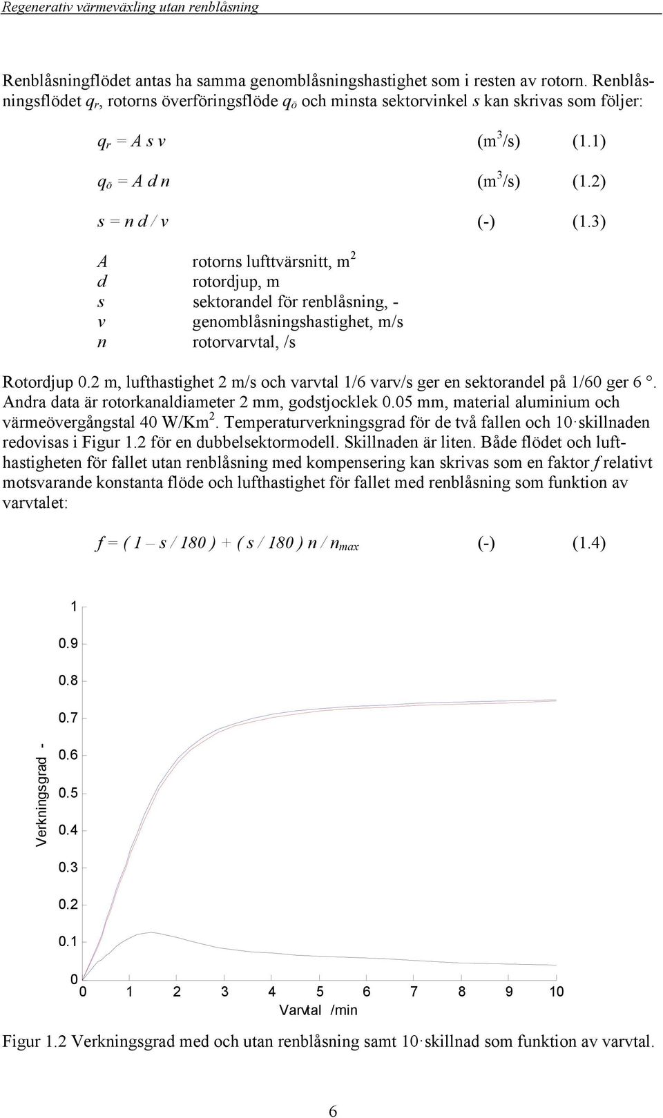 ) A rotorns lufttvärsnitt, m d rotordjup, m s sektorandel för renblåsning, - v genomblåsningshastighet, m/s n rotorvarvtal, /s Rotordjup.