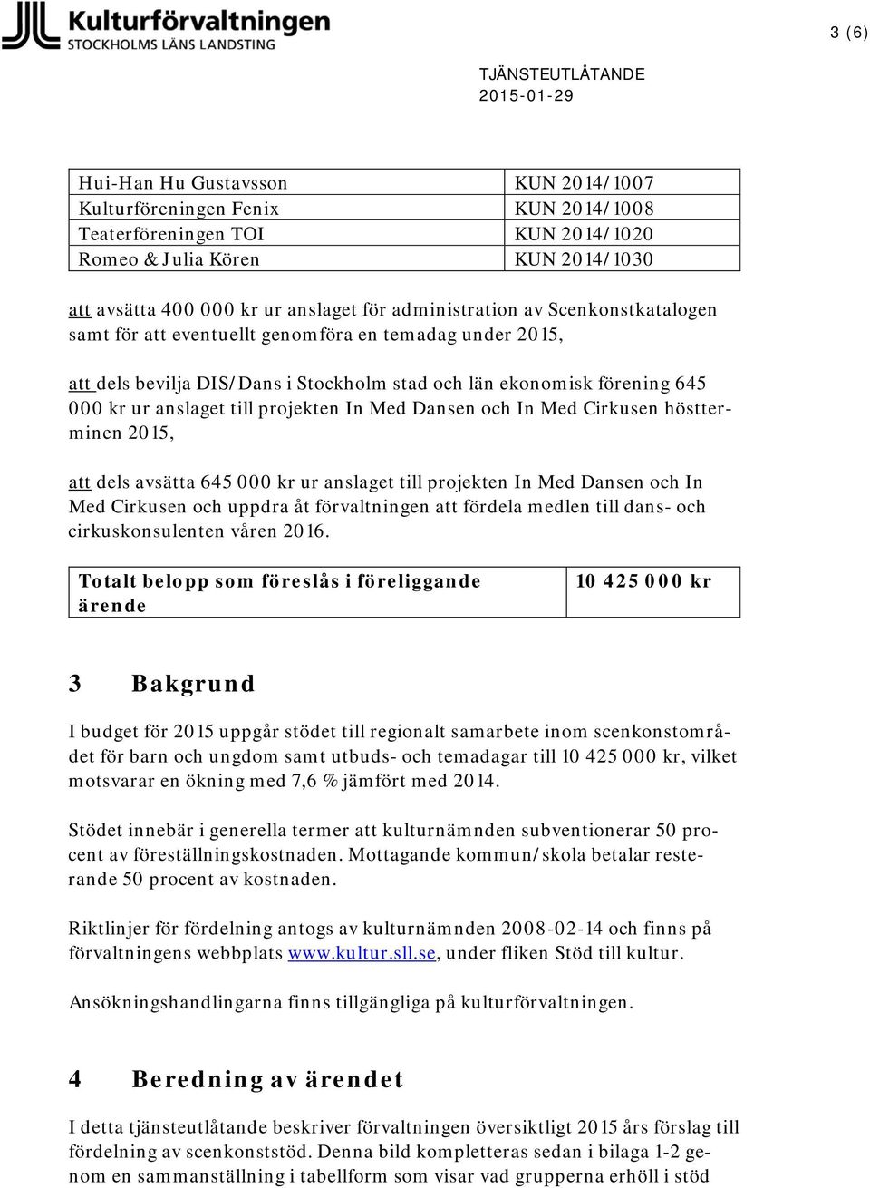 anslaget till projekten In Med Dansen och In Med Cirkusen höstterminen 2015, att dels avsätta 645 000 kr ur anslaget till projekten In Med Dansen och In Med Cirkusen och uppdra åt förvaltningen att