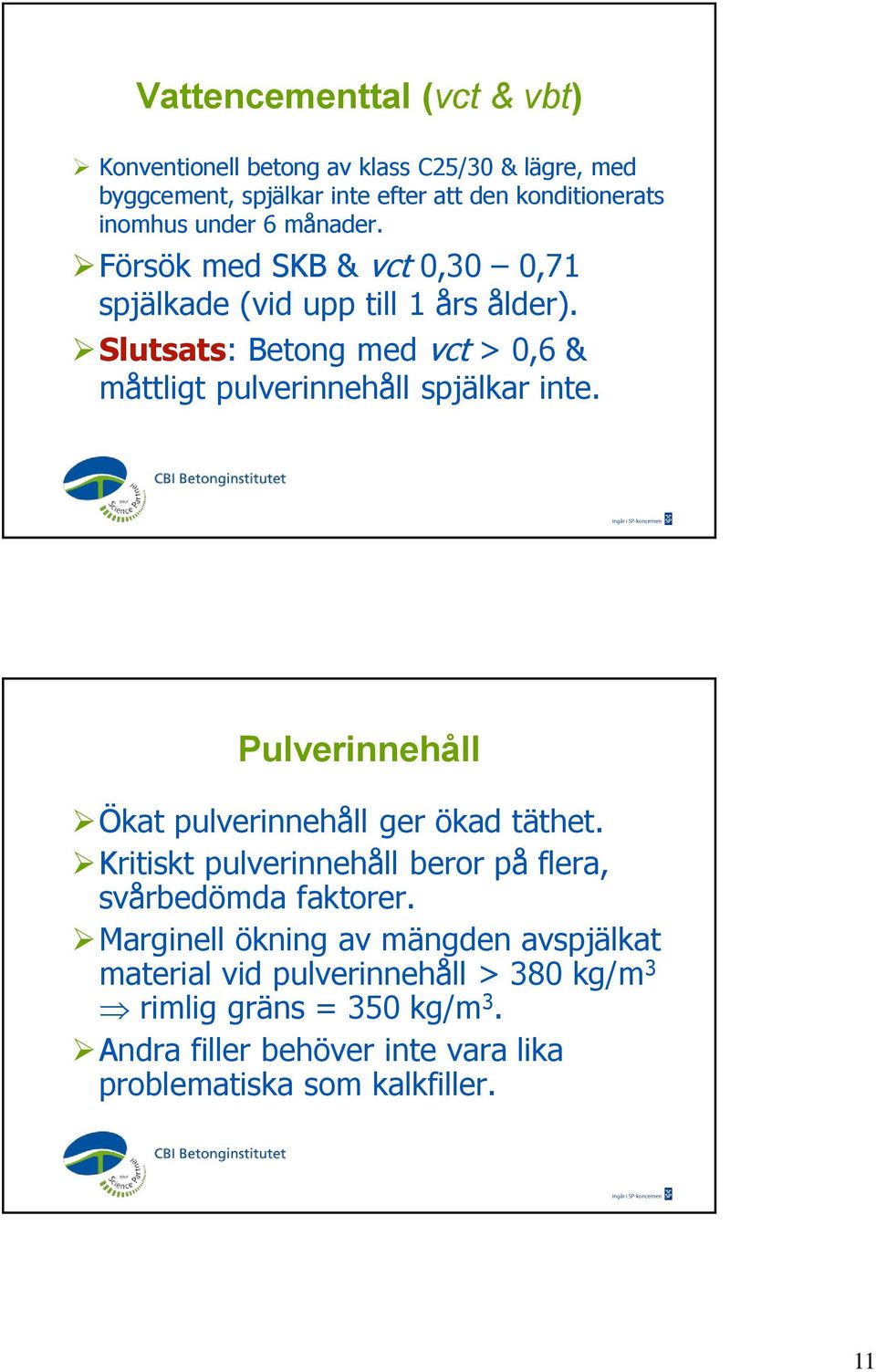 Slutsats: Betong med vct > 0,6 & måttligt pulverinnehåll spjälkar inte. Pulverinnehåll Ökat pulverinnehåll ger ökad täthet.