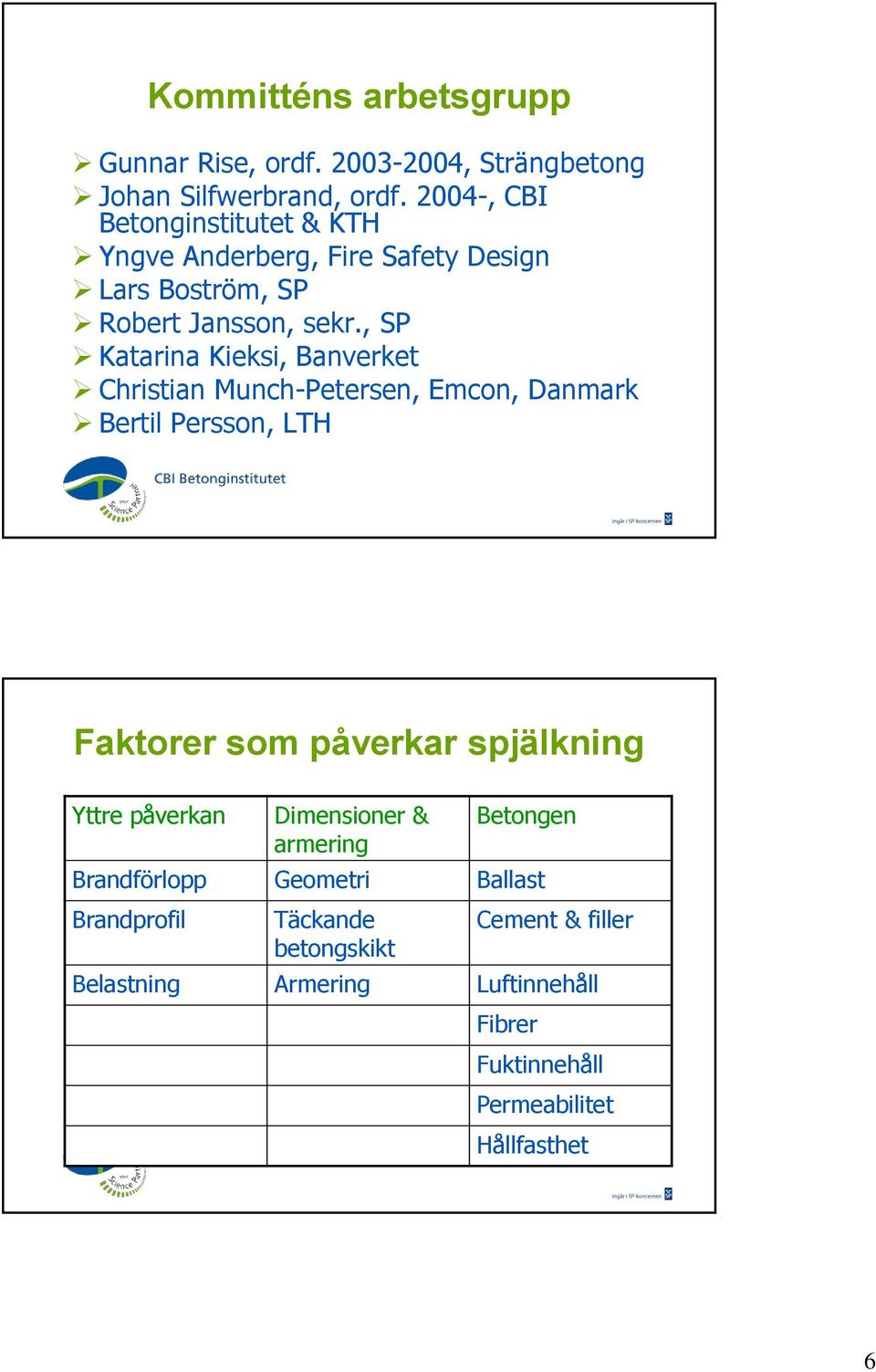 , SP Katarina Kieksi, Banverket Christian Munch-Petersen, Emcon, Danmark Bertil Persson, LTH Faktorer som påverkar spjälkning Yttre