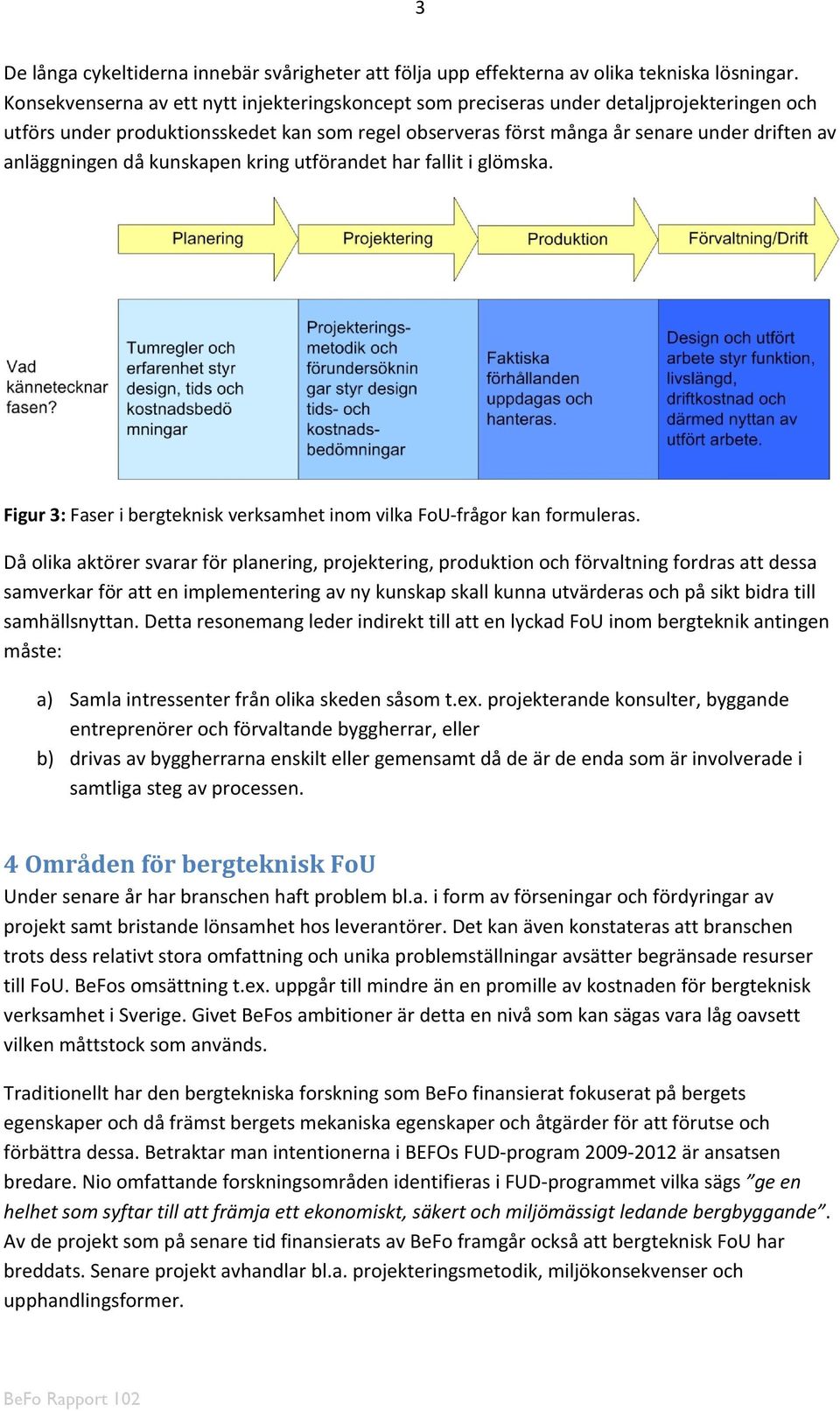 anläggningen då kunskapen kring utförandet har fallit i glömska. Figur 3: Faser i bergteknisk verksamhet inom vilka FoU frågor kan formuleras.