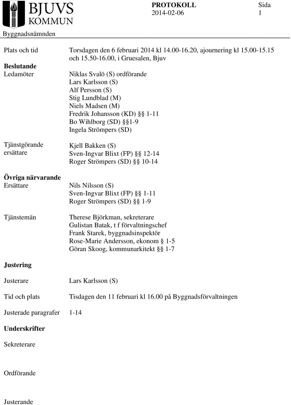 (SD) Tjänstgörande ersättare Övriga närvarande Ersättare Tjänstemän Kjell Bakken (S) Sven-Ingvar Blixt (FP) 12-14 Roger Strömpers (SD) 10-14 Nils Nilsson (S) Sven-Ingvar Blixt (FP) 1-11 Roger