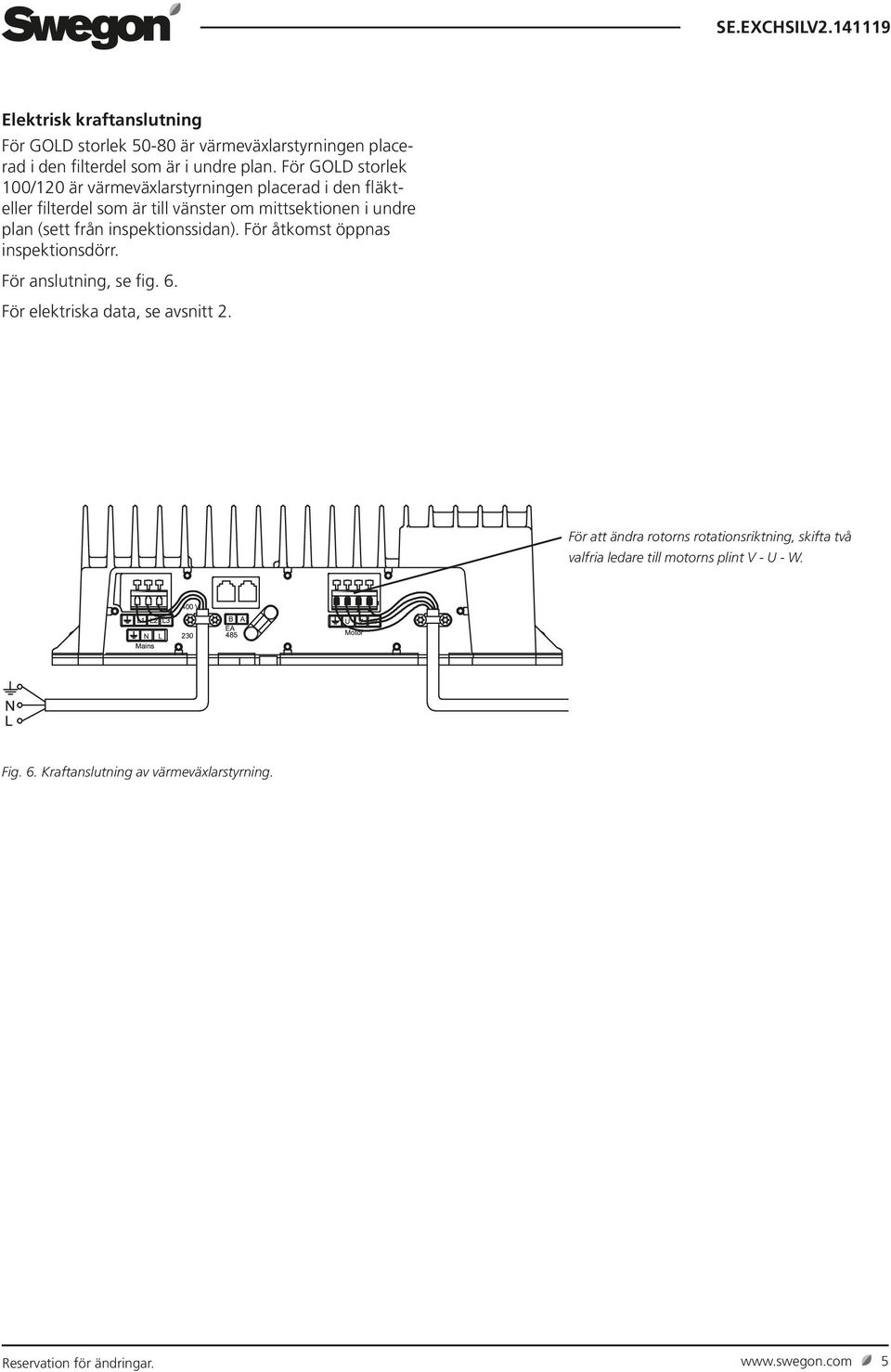 inspektionssidan) För åtkomst öppnas inspektionsdörr För anslutning, se fig 6 För elektriska data, se avsnitt 2 För att ändra rotorns