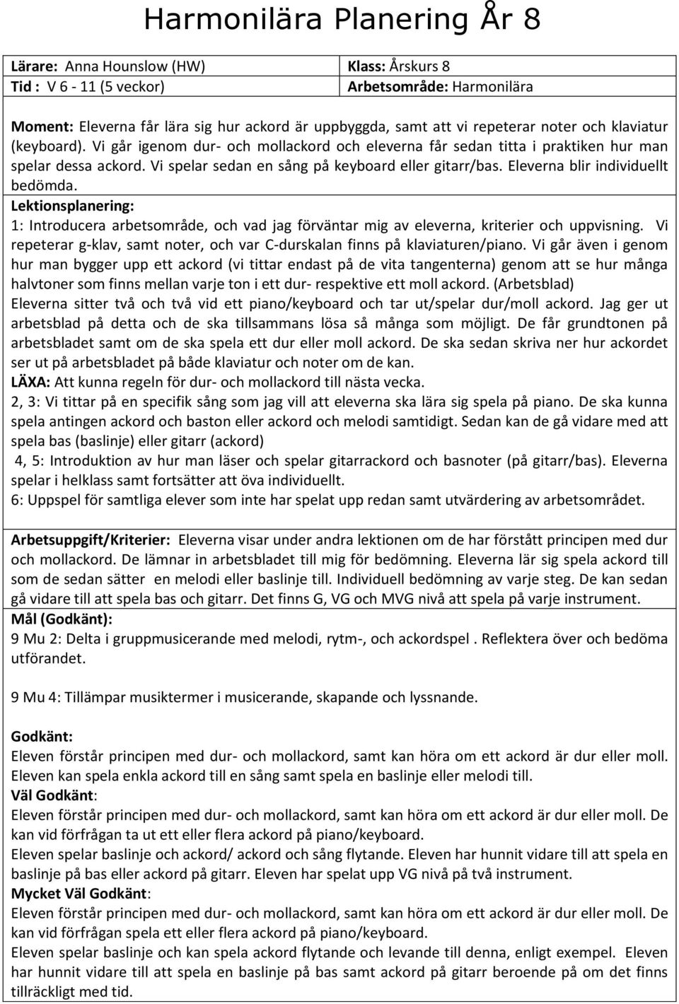 1: Introducera arbetsområde, och vad jag förväntar mig av eleverna, kriterier och uppvisning. Vi repeterar g-klav, samt noter, och var C-durskalan finns på klaviaturen/piano.