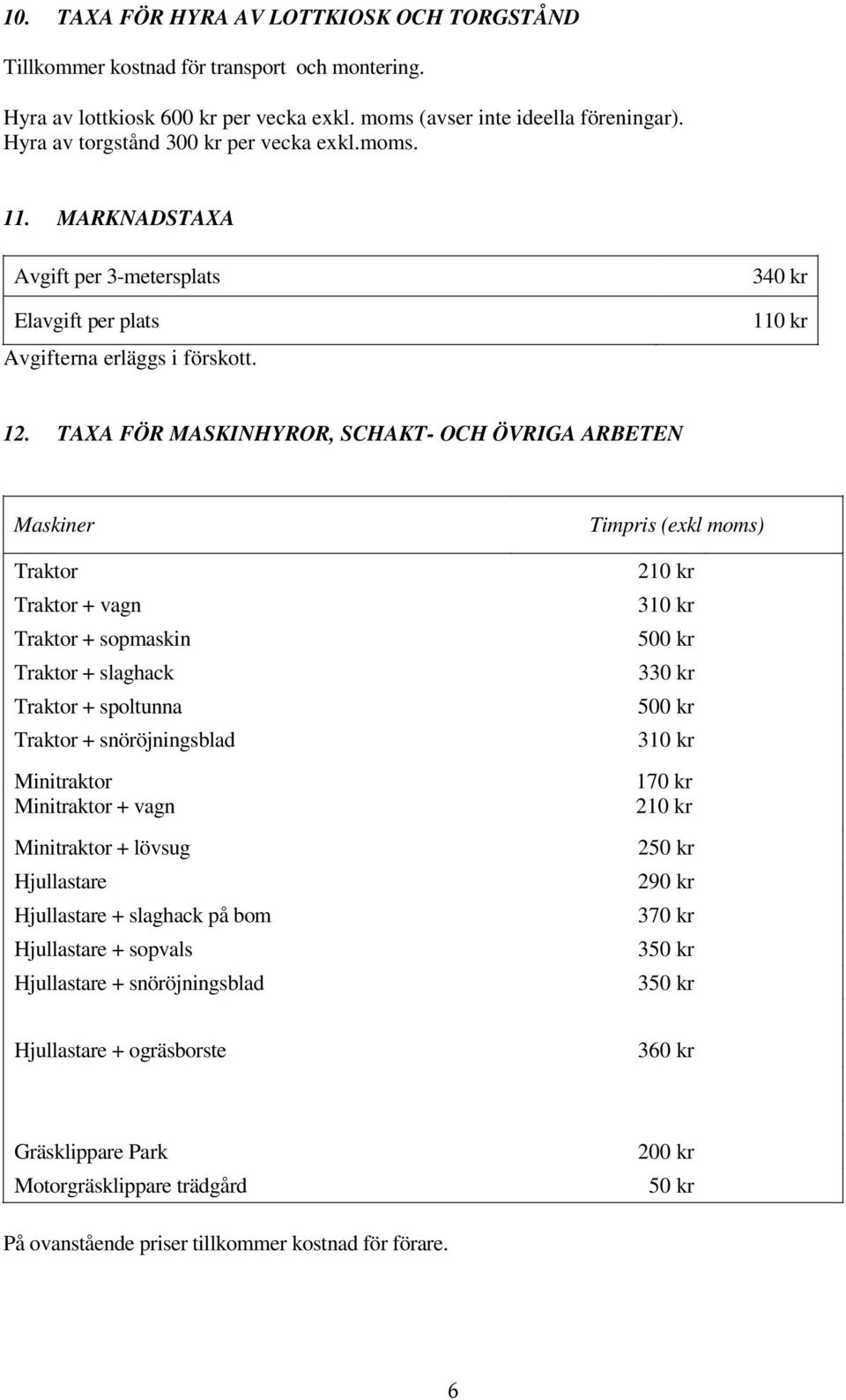 TAXA FÖR MASKINHYROR, SCHAKT- OCH ÖVRIGA ARBETEN Maskiner Traktor Traktor + vagn Traktor + sopmaskin Traktor + slaghack Traktor + spoltunna Traktor + snöröjningsblad Minitraktor Minitraktor + vagn