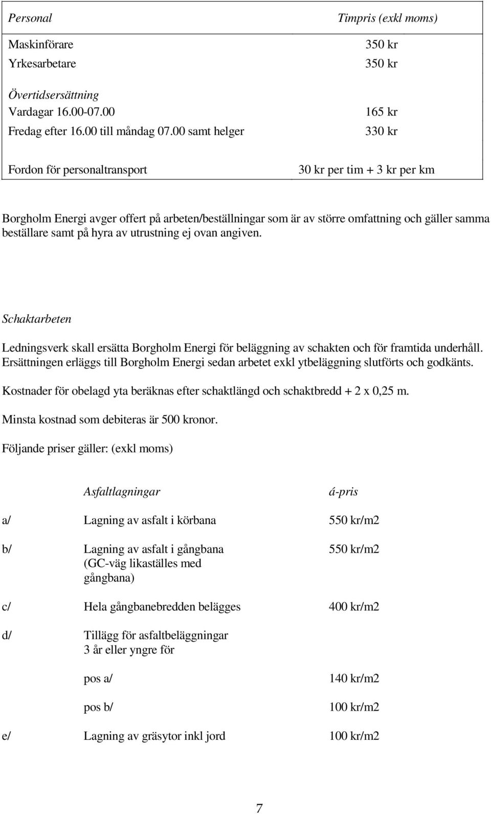 omfattning och gäller samma beställare samt på hyra av utrustning ej ovan angiven. Schaktarbeten Ledningsverk skall ersätta Borgholm Energi för beläggning av schakten och för framtida underhåll.