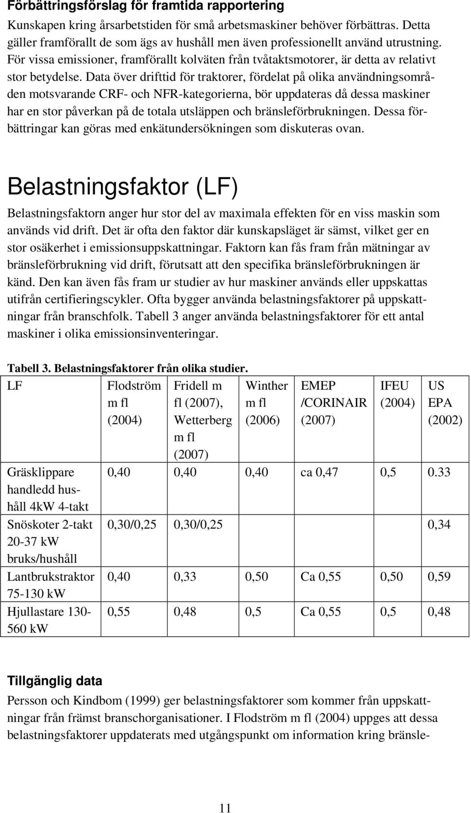 Data över drifttid för traktorer, fördelat på olika användningsområden motsvarande CRF- och NFR-kategorierna, bör uppdateras då dessa maskiner har en stor påverkan på de totala utsläppen och